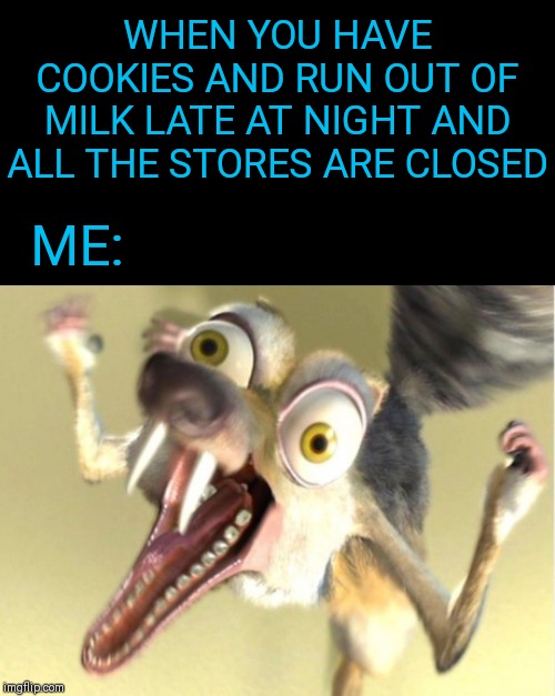 Overreacting Squirrel | WHEN YOU HAVE COOKIES AND RUN OUT OF MILK LATE AT NIGHT AND ALL THE STORES ARE CLOSED; ME: | image tagged in overreacting squirrel,44colt,new template,grocery store,milk,cookies | made w/ Imgflip meme maker