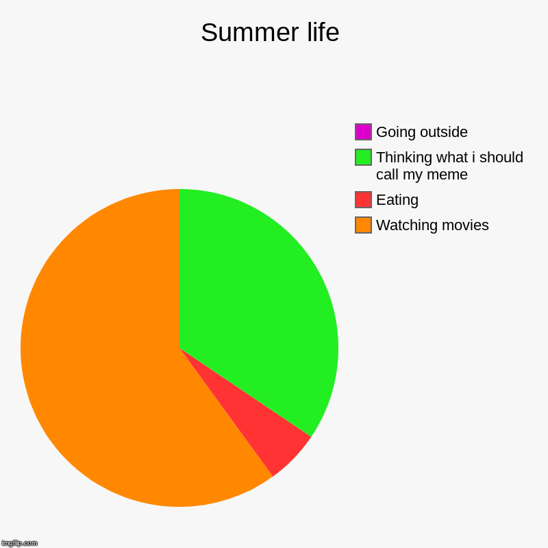 Summer life | Watching movies, Eating, Thinking what i should call my meme, Going outside | image tagged in charts,pie charts | made w/ Imgflip chart maker