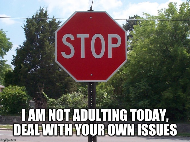 Here is your sign | I AM NOT ADULTING TODAY, DEAL WITH YOUR OWN ISSUES | image tagged in stop sign,here is your sign,no drama mama,deal with it,yes the signs are watching your every move,you are annoyed because no one | made w/ Imgflip meme maker