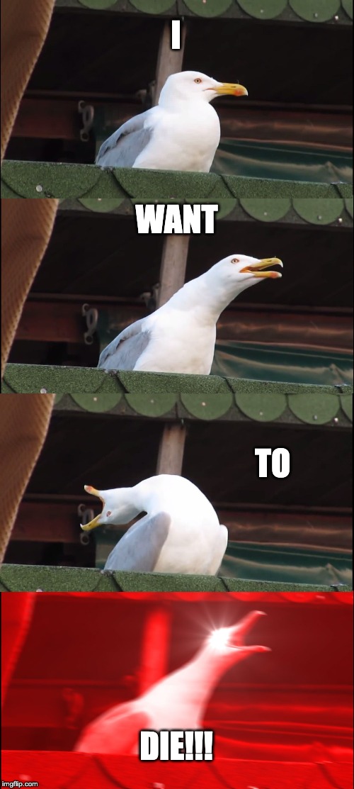 Inhaling Seagull | I; WANT; TO; DIE!!! | image tagged in memes,inhaling seagull | made w/ Imgflip meme maker