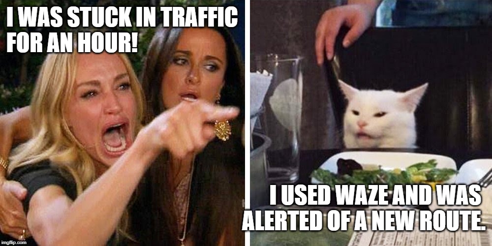 Smudge the cat | I WAS STUCK IN TRAFFIC 
FOR AN HOUR! I USED WAZE AND WAS 
ALERTED OF A NEW ROUTE. | image tagged in smudge the cat | made w/ Imgflip meme maker