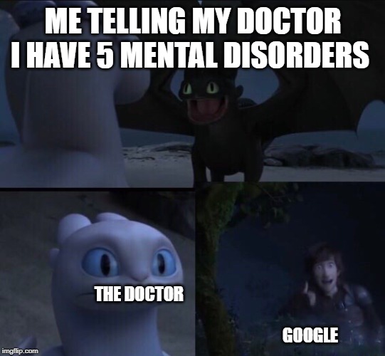 How to train your dragon 3 | ME TELLING MY DOCTOR I HAVE 5 MENTAL DISORDERS; THE DOCTOR                                                               
                                                                        GOOGLE | image tagged in how to train your dragon 3 | made w/ Imgflip meme maker