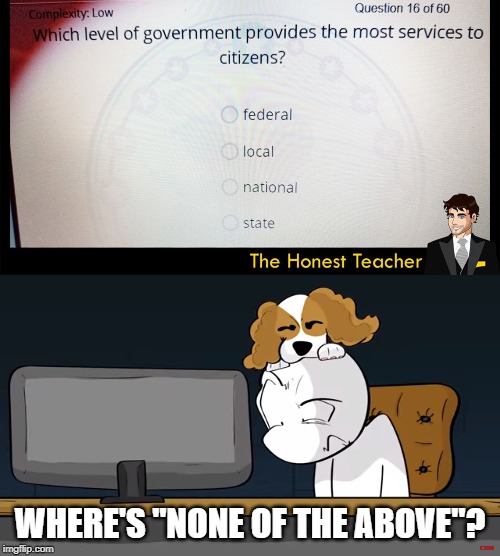 WHERE'S "NONE OF THE ABOVE"? | image tagged in alex meyers looks weirdly at his computer with charlie | made w/ Imgflip meme maker