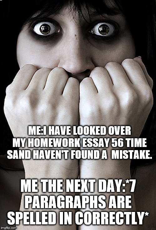 Fear | ME:I HAVE LOOKED OVER MY HOMEWORK ESSAY 56 TIME SAND HAVEN'T FOUND A  MISTAKE. ME THE NEXT DAY:*7 PARAGRAPHS ARE SPELLED IN CORRECTLY* | image tagged in fear | made w/ Imgflip meme maker