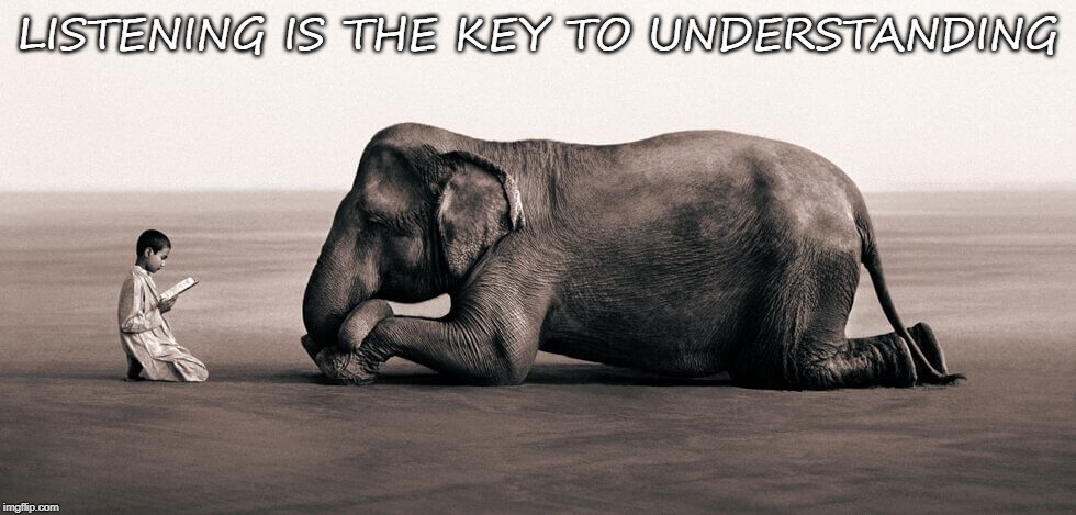 Truly Listen | LISTENING IS THE KEY TO UNDERSTANDING | image tagged in listening,understanding,elephant,affirmation | made w/ Imgflip meme maker