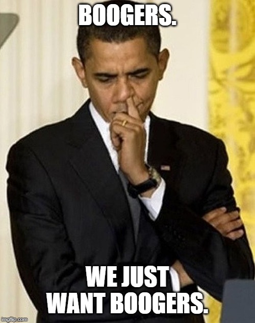 obama picking nose | BOOGERS. WE JUST WANT BOOGERS. | image tagged in obama picking nose | made w/ Imgflip meme maker