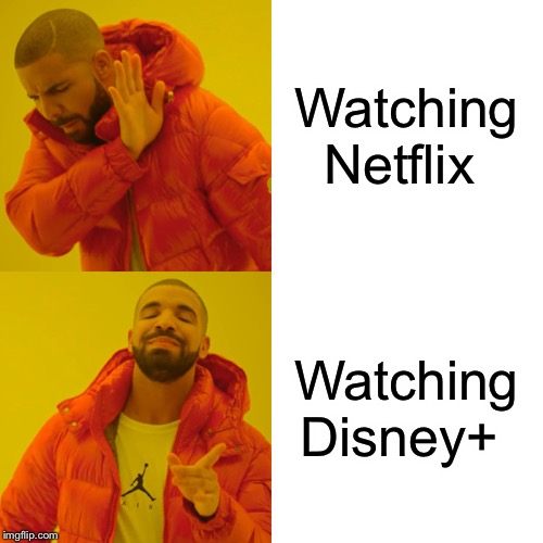 Drake Hotline Bling | Watching Netflix; Watching Disney+ | image tagged in memes,drake hotline bling | made w/ Imgflip meme maker