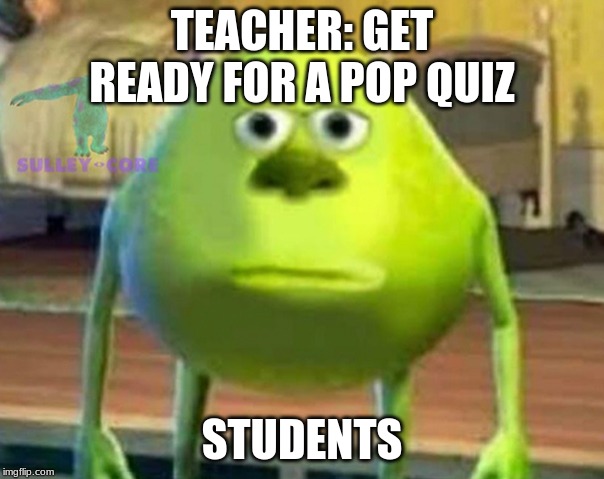 Monsters Inc | TEACHER: GET READY FOR A POP QUIZ; STUDENTS | image tagged in monsters inc | made w/ Imgflip meme maker