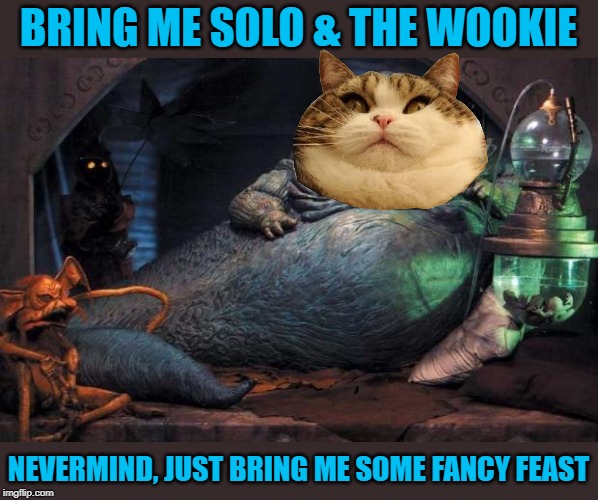 Jabba The Catt | BRING ME SOLO & THE WOOKIE; NEVERMIND, JUST BRING ME SOME FANCY FEAST | image tagged in jabba the hutt,cat,fat cat,cat meme,meme,cat food | made w/ Imgflip meme maker