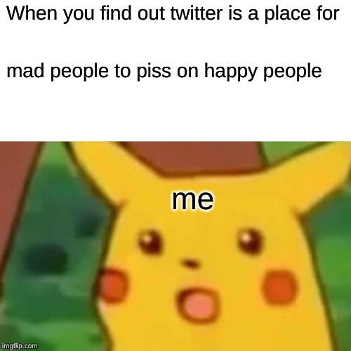 Surprised Pikachu Meme | When you find out twitter is a place for mad people to piss on happy people me | image tagged in memes,surprised pikachu | made w/ Imgflip meme maker