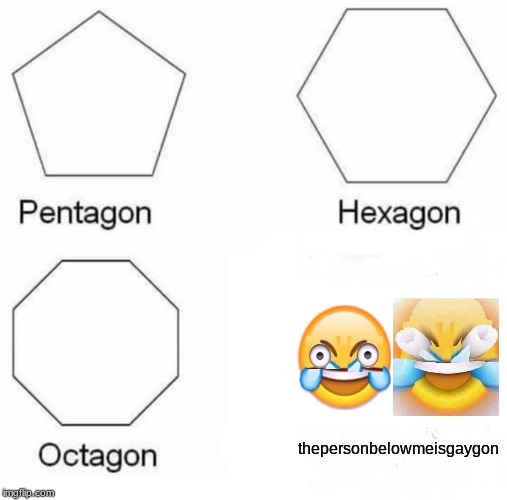 Pentagon Hexagon Octagon Meme | thepersonbelowmeisgaygon | image tagged in memes,pentagon hexagon octagon | made w/ Imgflip meme maker