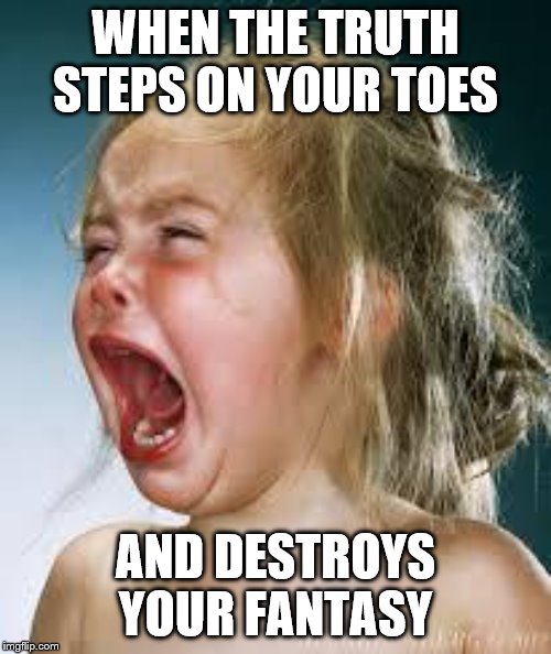 Crying Baby | WHEN THE TRUTH STEPS ON YOUR TOES; AND DESTROYS YOUR FANTASY | image tagged in crying baby | made w/ Imgflip meme maker