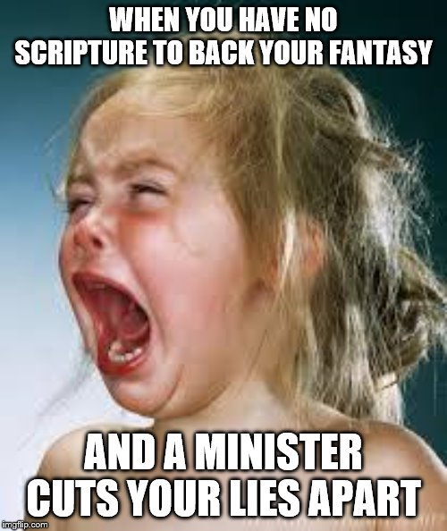 Crying Baby | WHEN YOU HAVE NO SCRIPTURE TO BACK YOUR FANTASY; AND A MINISTER CUTS YOUR LIES APART | image tagged in crying baby | made w/ Imgflip meme maker