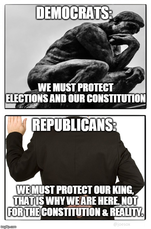 Serious not serious | DEMOCRATS:; WE MUST PROTECT ELECTIONS AND OUR CONSTITUTION; REPUBLICANS:; WE MUST PROTECT OUR KING, THAT IS WHY WE ARE HERE. NOT FOR THE CONSTITUTION & REALITY. | image tagged in serious not serious | made w/ Imgflip meme maker