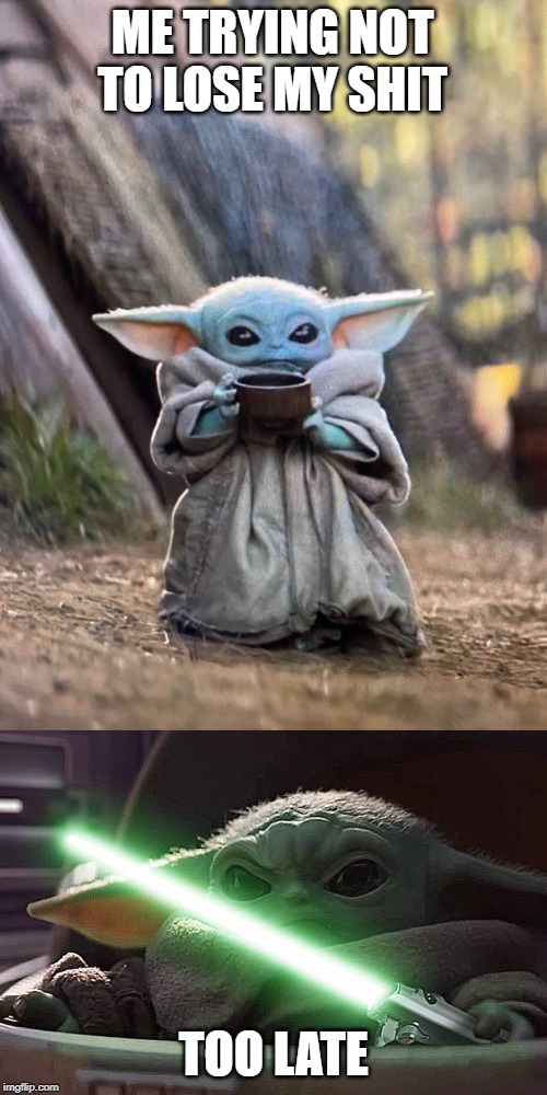 ME TRYING NOT TO LOSE MY SHIT; TOO LATE | image tagged in judging baby yoda | made w/ Imgflip meme maker