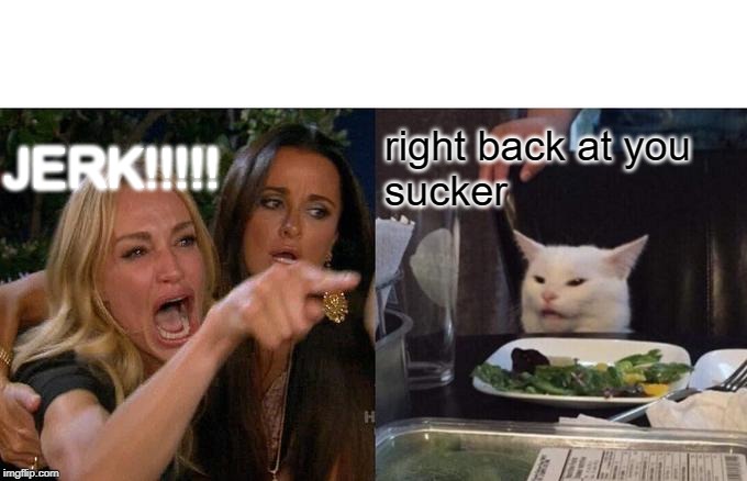 Woman Yelling At Cat | JERK!!!!! right back at you 
sucker | image tagged in memes,woman yelling at cat | made w/ Imgflip meme maker