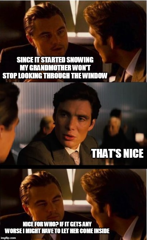 Inception | SINCE IT STARTED SNOWING MY GRANDMOTHER WON'T STOP LOOKING THROUGH THE WINDOW; THAT'S NICE; NICE FOR WHO? IF IT GETS ANY WORSE I MIGHT HAVE TO LET HER COME INSIDE | image tagged in memes,inception | made w/ Imgflip meme maker