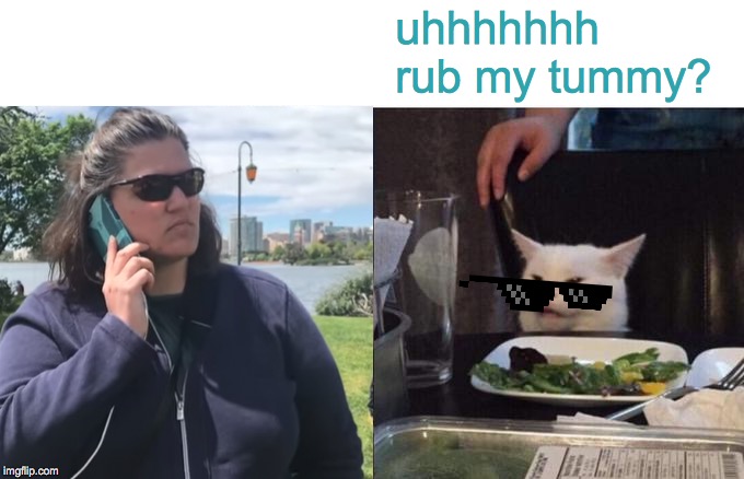 Woman Calling On Cat | uhhhhhhh   rub my tummy? | image tagged in memes,woman yelling at cat,angry lady cat,cat at table,salad cat,bbq becky | made w/ Imgflip meme maker