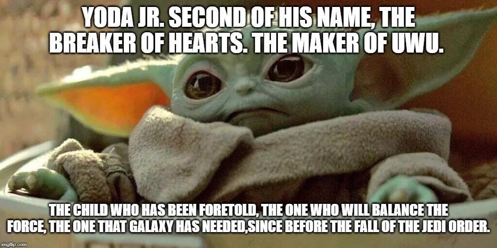 YUP | YODA JR. SECOND OF HIS NAME, THE BREAKER OF HEARTS. THE MAKER OF UWU. THE CHILD WHO HAS BEEN FORETOLD, THE ONE WHO WILL BALANCE THE FORCE, THE ONE THAT GALAXY HAS NEEDED,SINCE BEFORE THE FALL OF THE JEDI ORDER. | image tagged in funny | made w/ Imgflip meme maker