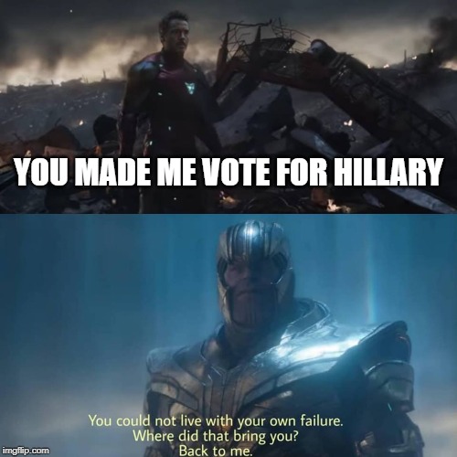 Thanos you could not live with your own failure | YOU MADE ME VOTE FOR HILLARY | image tagged in thanos you could not live with your own failure | made w/ Imgflip meme maker