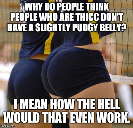 Volleyball Thicccness | WHY DO PEOPLE THINK PEOPLE WHO ARE THICC DON'T HAVE A SLIGHTLY PUDGY BELLY? I MEAN HOW THE HELL WOULD THAT EVEN WORK. | image tagged in volleyball thicccness | made w/ Imgflip meme maker