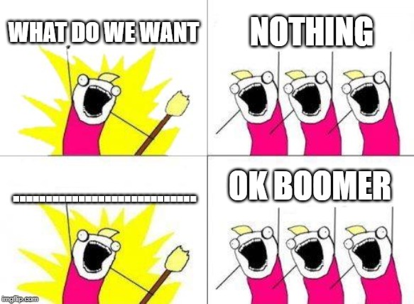 What Do We Want Meme | WHAT DO WE WANT; NOTHING; OK BOOMER; ............................ | image tagged in memes,what do we want | made w/ Imgflip meme maker