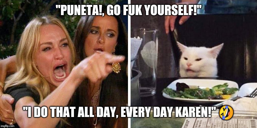 Smudge the cat | "PUNETA!, GO FUK YOURSELF!"; "I DO THAT ALL DAY, EVERY DAY KAREN!" 🤣 | image tagged in smudge the cat | made w/ Imgflip meme maker