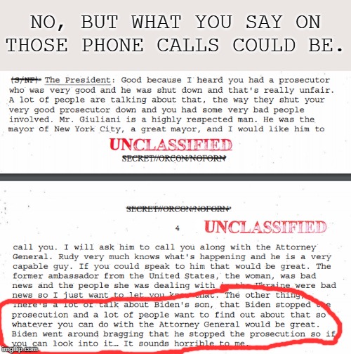 "They're trying to make phone calls an impeachable offense!" | NO, BUT WHAT YOU SAY ON THOSE PHONE CALLS COULD BE. | image tagged in phone call original white house transcript,impeach trump,trump impeachment,donald trump,ukraine,phone call | made w/ Imgflip meme maker