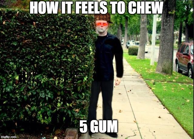 Michael Myers Bush Stalking | HOW IT FEELS TO CHEW; 5 GUM | image tagged in michael myers bush stalking | made w/ Imgflip meme maker