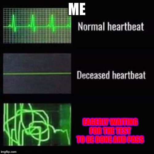 heartbeat rate | ME; EAGERLY WAITING FOR THE TEST TO BE DONE AND PASS | image tagged in heartbeat rate | made w/ Imgflip meme maker