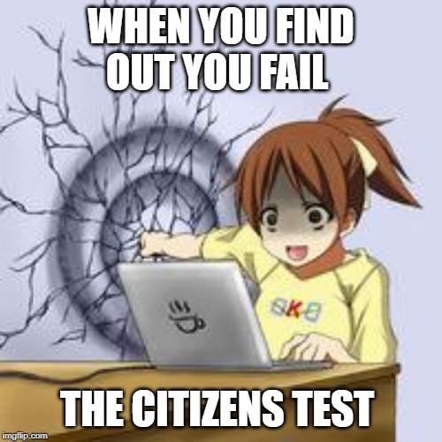 Anime wall punch | WHEN YOU FIND OUT YOU FAIL; THE CITIZENS TEST | image tagged in anime wall punch | made w/ Imgflip meme maker