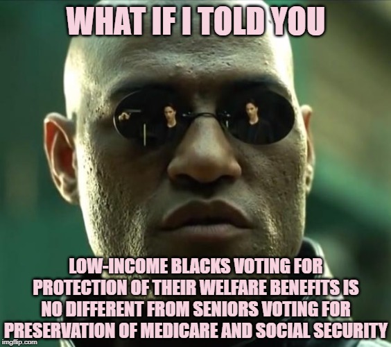 When they triple-down on condescension toward black Democrats. | WHAT IF I TOLD YOU; LOW-INCOME BLACKS VOTING FOR PROTECTION OF THEIR WELFARE BENEFITS IS NO DIFFERENT FROM SENIORS VOTING FOR PRESERVATION OF MEDICARE AND SOCIAL SECURITY | image tagged in morpheus,democrats,welfare,medicare,social security,condescending | made w/ Imgflip meme maker