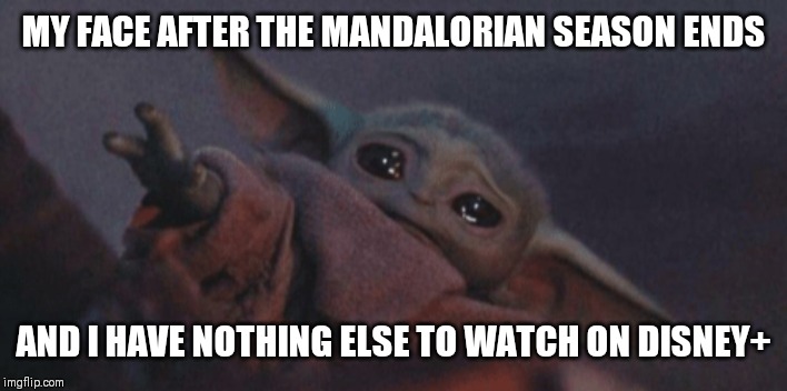 Baby yoda cry | MY FACE AFTER THE MANDALORIAN SEASON ENDS; AND I HAVE NOTHING ELSE TO WATCH ON DISNEY+ | image tagged in baby yoda cry | made w/ Imgflip meme maker