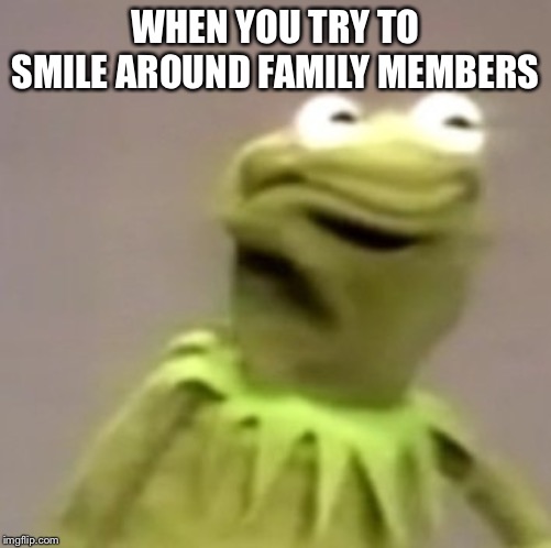 Family dinner |  WHEN YOU TRY TO SMILE AROUND FAMILY MEMBERS | image tagged in kermit weird face | made w/ Imgflip meme maker
