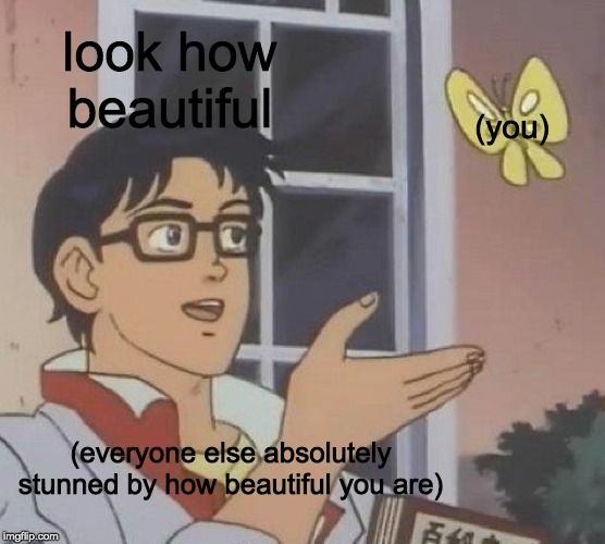 Is This A Pigeon | look how beautiful; (you); (everyone else absolutely stunned by how beautiful you are) | image tagged in memes,is this a pigeon,wholesome,beautiful,cute,i love you | made w/ Imgflip meme maker