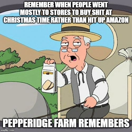 That Wall-E Movie Is Coming True!!! | REMEMBER WHEN PEOPLE WENT MOSTLY TO STORES TO BUY SHIT AT CHRISTMAS TIME RATHER THAN HIT UP AMAZON; PEPPERIDGE FARM REMEMBERS | image tagged in memes,pepperidge farm remembers | made w/ Imgflip meme maker