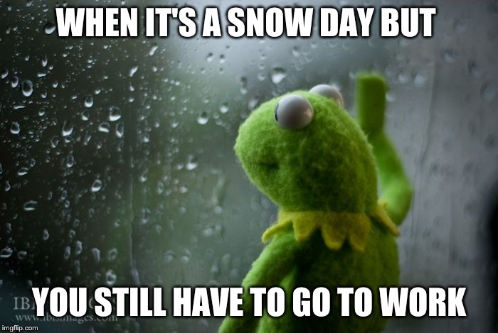 kermit window | WHEN IT'S A SNOW DAY BUT; YOU STILL HAVE TO GO TO WORK | image tagged in kermit window | made w/ Imgflip meme maker