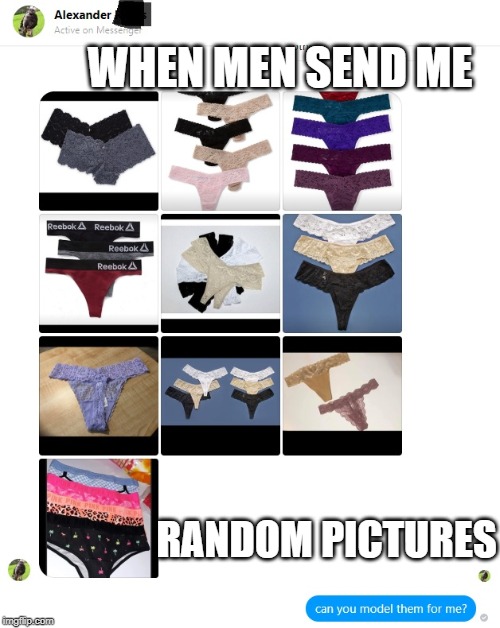 Panty Model | WHEN MEN SEND ME; RANDOM PICTURES | image tagged in undies,panties,random,dms,modeling,models | made w/ Imgflip meme maker