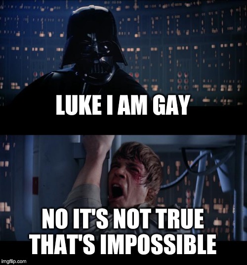 Star Wars No Meme | LUKE I AM GAY; NO IT'S NOT TRUE THAT'S IMPOSSIBLE | image tagged in memes,star wars no | made w/ Imgflip meme maker