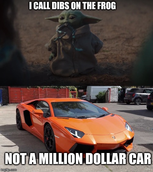 dibs on frog | I CALL DIBS ON THE FROG; NOT A MILLION DOLLAR CAR | image tagged in baby yoda | made w/ Imgflip meme maker