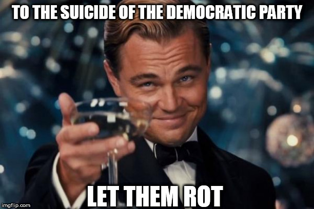 Leonardo Dicaprio Cheers Meme | TO THE SUICIDE OF THE DEMOCRATIC PARTY; LET THEM ROT | image tagged in memes,leonardo dicaprio cheers | made w/ Imgflip meme maker