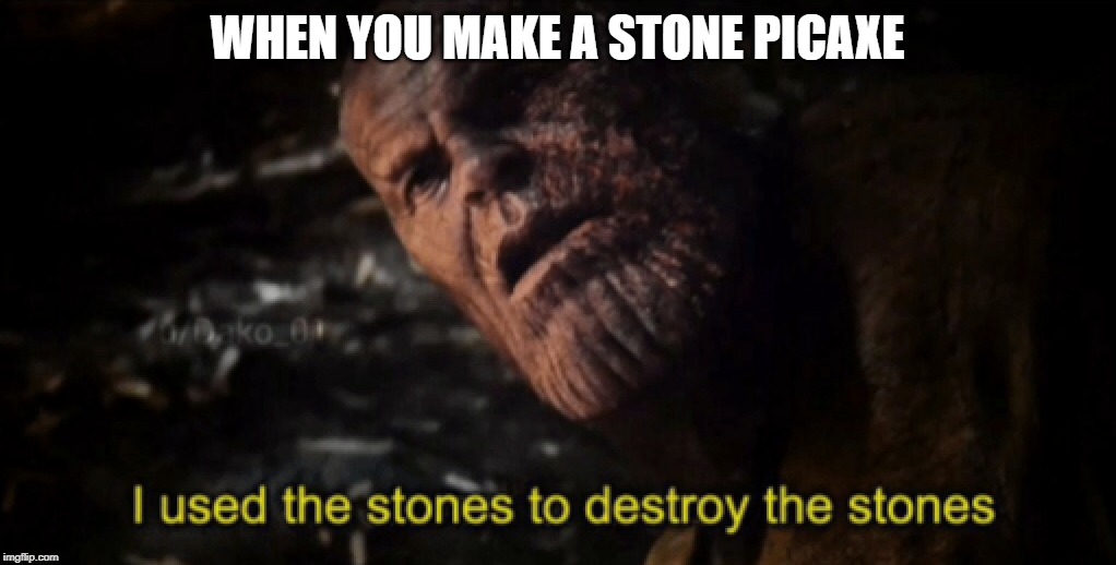 I used the stones to destroy the stones | WHEN YOU MAKE A STONE PICAXE | image tagged in i used the stones to destroy the stones | made w/ Imgflip meme maker