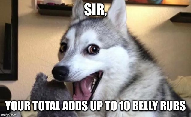 Pun dog - husky | SIR, YOUR TOTAL ADDS UP TO 10 BELLY RUBS | image tagged in pun dog - husky | made w/ Imgflip meme maker