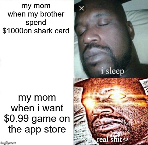 Sleeping Shaq Meme | my mom when my brother spend $1000on shark card; my mom when i want $0.99 game on the app store | image tagged in memes,sleeping shaq | made w/ Imgflip meme maker