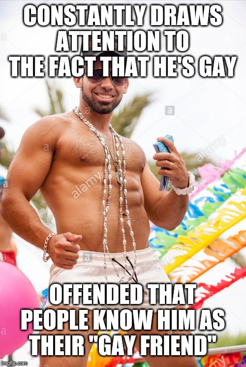 Gay douchebag | CONSTANTLY DRAWS ATTENTION TO THE FACT THAT HE'S GAY; OFFENDED THAT PEOPLE KNOW HIM AS THEIR "GAY FRIEND" | image tagged in gay douchebag,gay,asshole,douche | made w/ Imgflip meme maker