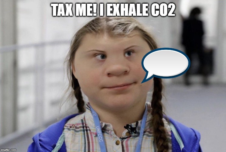 Angry Climate Activist Greta Thunberg | TAX ME! I EXHALE CO2 | image tagged in angry climate activist greta thunberg | made w/ Imgflip meme maker