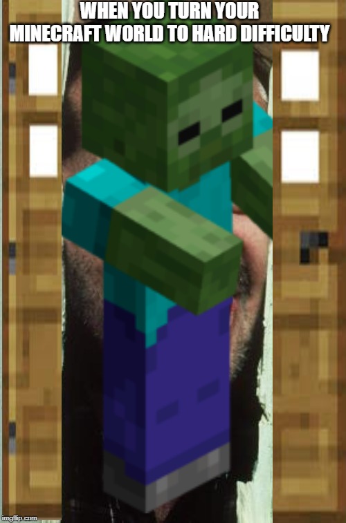 heres zombie | WHEN YOU TURN YOUR MINECRAFT WORLD TO HARD DIFFICULTY | image tagged in heres johnny,zombie,minecraft,hard | made w/ Imgflip meme maker