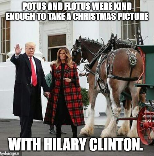 Trump Christmas | POTUS AND FLOTUS WERE KIND ENOUGH TO TAKE A CHRISTMAS PICTURE; WITH HILARY CLINTON. | image tagged in potus45,flotus,hilary clinton,horses ass | made w/ Imgflip meme maker