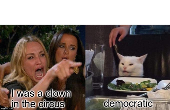 Woman Yelling At Cat Meme |  I was a clown in the circus; democratic | image tagged in memes,woman yelling at cat | made w/ Imgflip meme maker