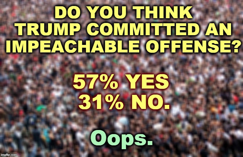 This is an average of multiple polls, not just one poll. | DO YOU THINK TRUMP COMMITTED AN IMPEACHABLE OFFENSE? 57% YES 
31% NO. Oops. | image tagged in trump,impeachment,high crimes and misdemeanors,loser | made w/ Imgflip meme maker